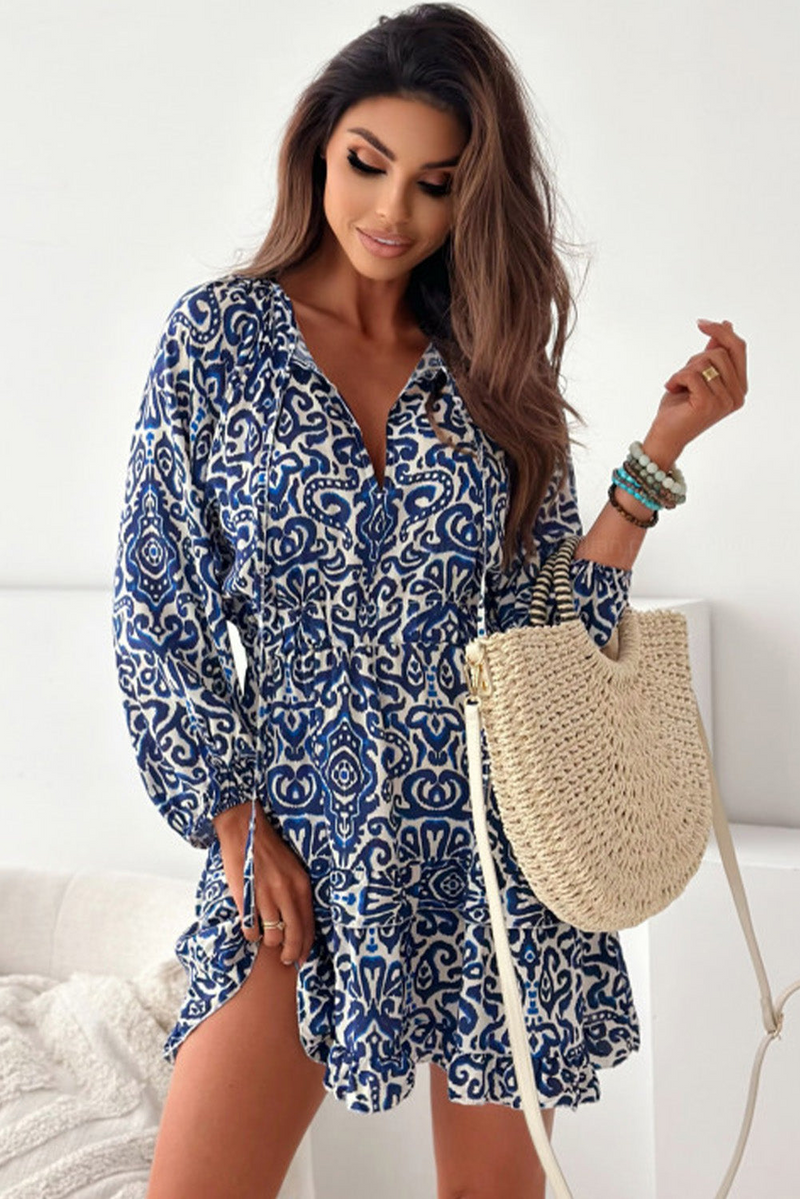 Elevate Your Style with the Stunning Blue Vintage Print Lace-up V-Neck Long Sleeve Mini Dress