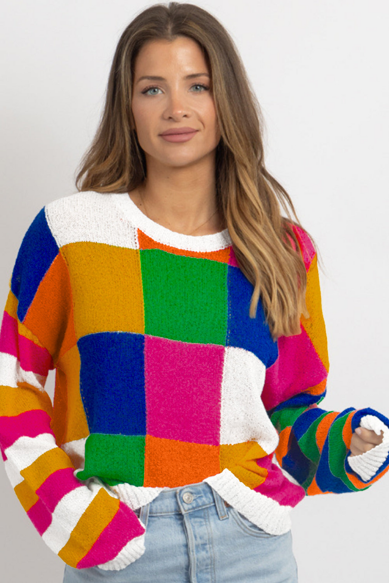 Elevate Your Style with the Orange Checkered Color Block Round Neck Loose Sweater