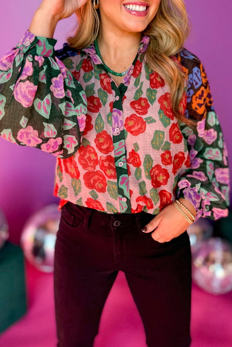 Elevate Your Style with the Red Colorblock Floral Printed Puff Sleeve Shirt