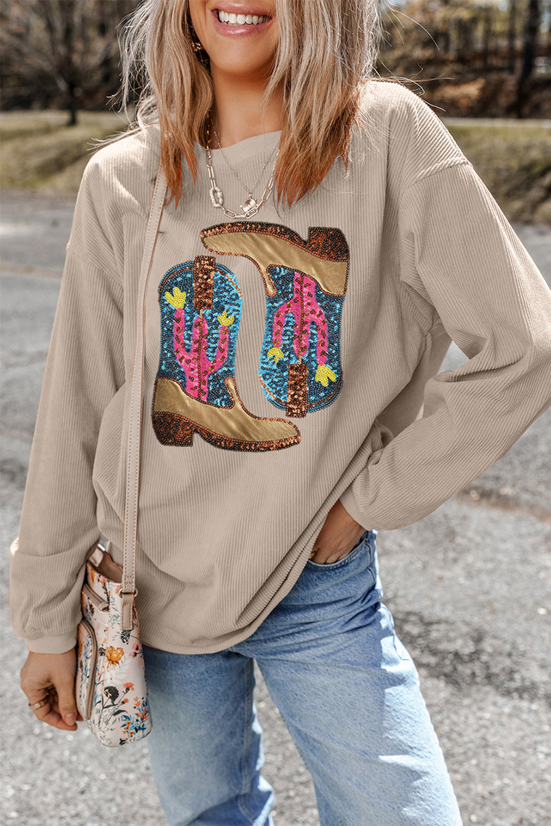 Elevate Your Style with Smoke Gray Western Cowboy Boots and a Graphic Corded Loose Sweatshirt