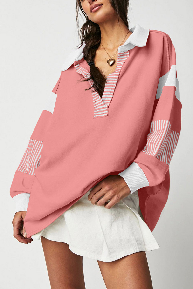 Elevate Your Casual Style with the Striped Colorblock Patchwork Collar Sweatshirt