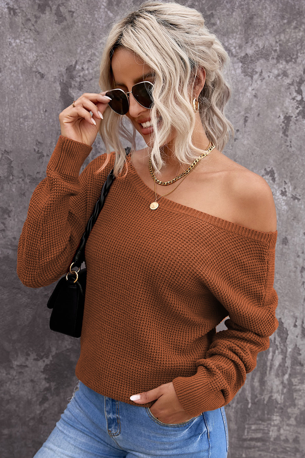 Brown Cross Back Hollow-out Sweater