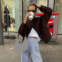 Retro Chocolate Stand Collar Wool Blend Coat Women Chic Single Breasted Long Sleeve Pocket Jacket New Lady Commute Streetwears