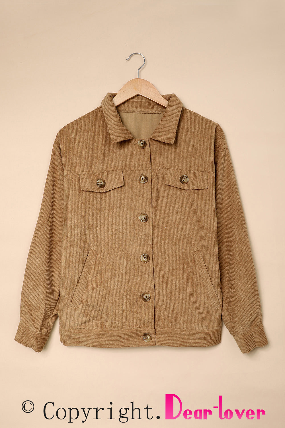 Khaki Ribbed Corduroy Long Sleeve Jacket with Pocket