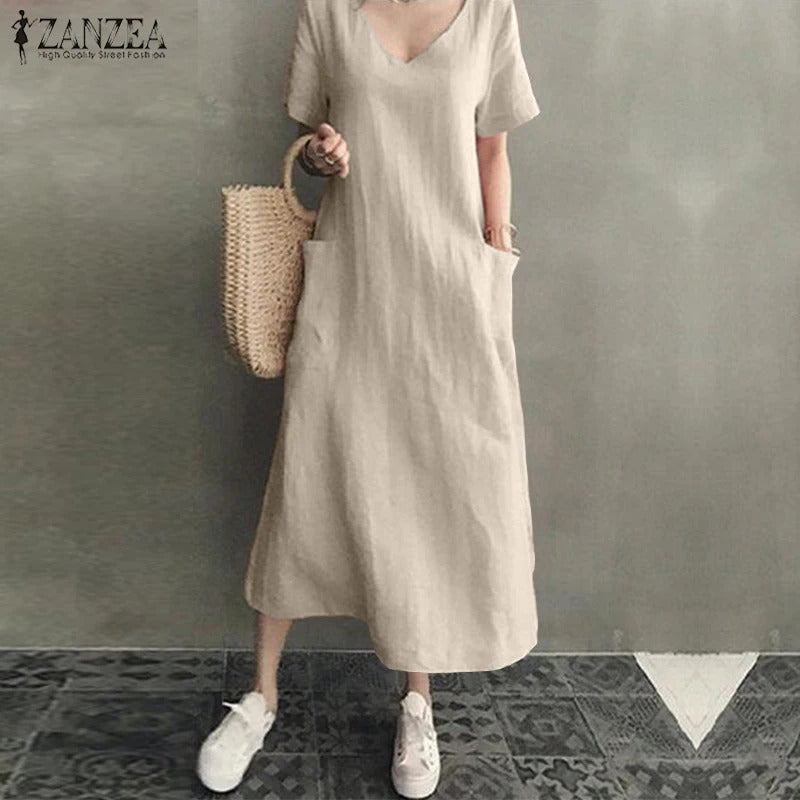 ZANZEA 2023 Women Long Maxi Summer Dress Casual Cotton Linen  Ladies Big Pockets Beach Party Robe Femme Vestidos