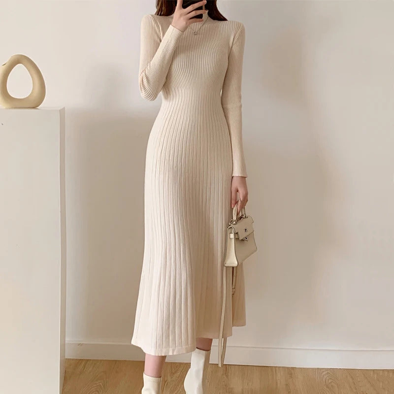 Autumn Winter 2023 Slim Long Sleeve Party Midi Dress for Women Knitted Half High Collar Elegant Knitted Sweater Dresses Ladies