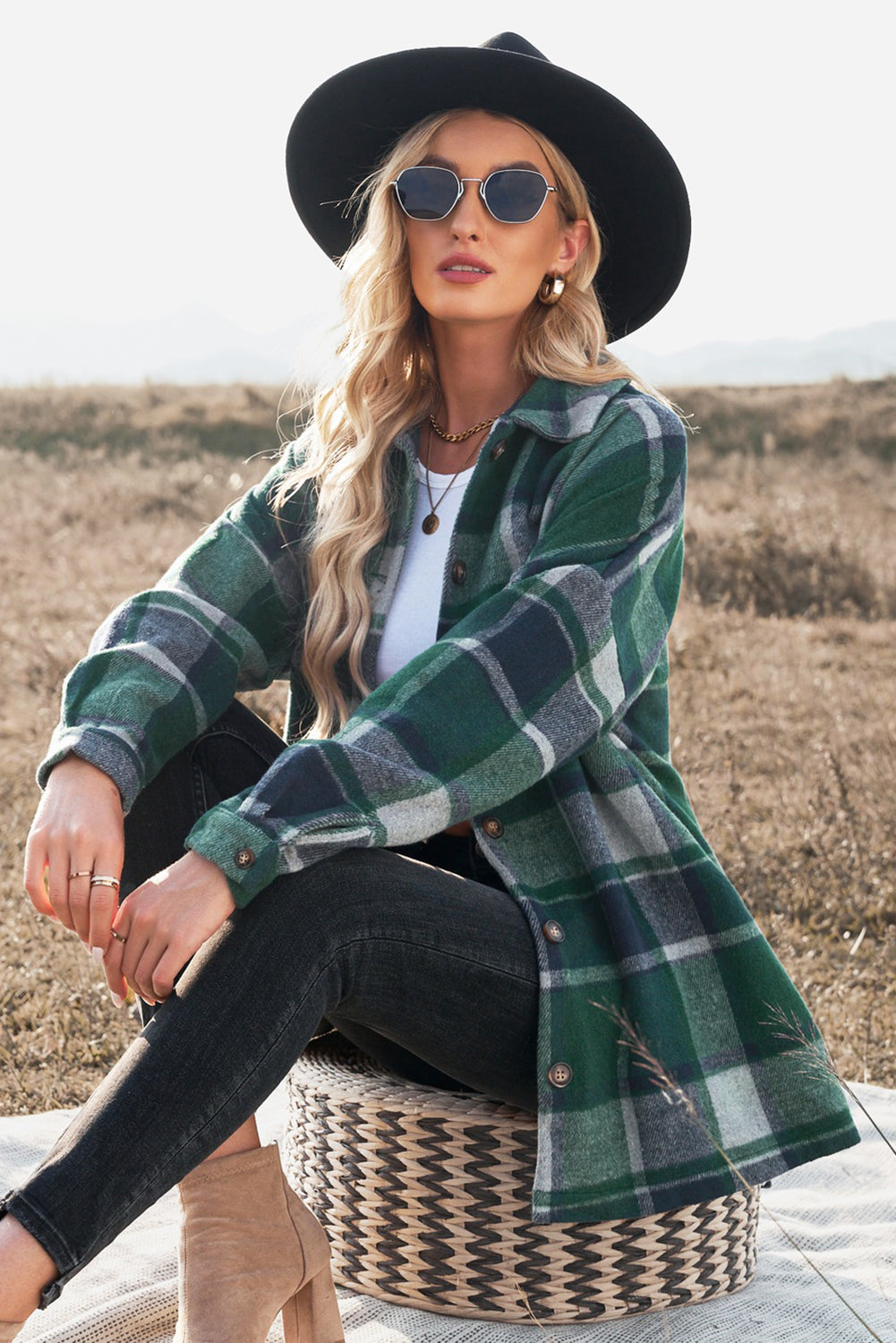 Green Plaid Print Buttoned Shirt Jacket