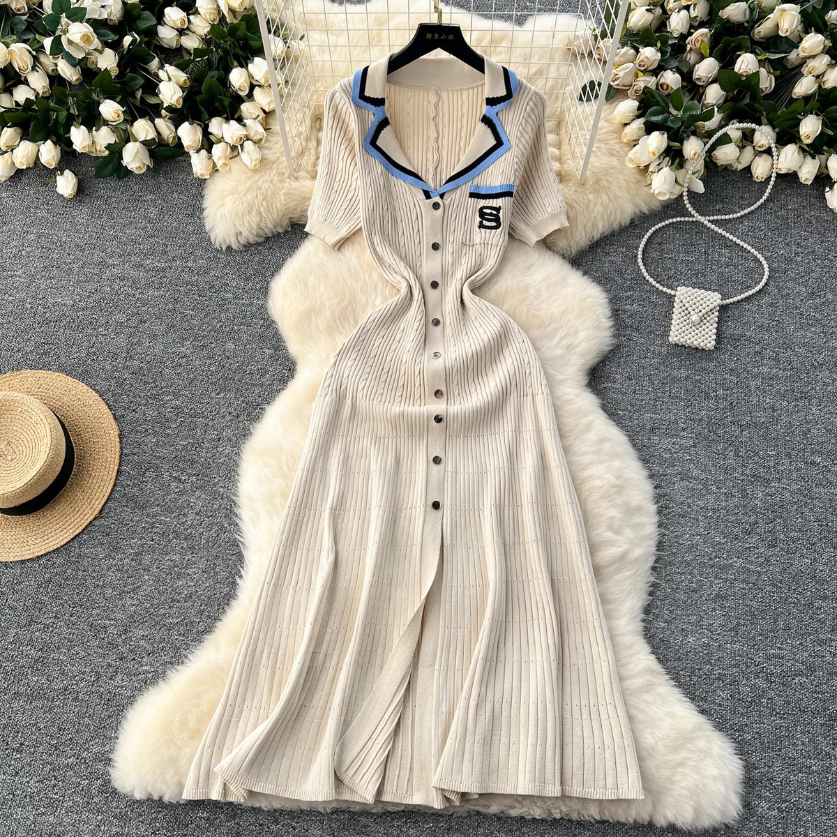 Elegant Turn-down Collar embroidery Single Breasted Knit Bodycon Dress Slim Fashion Sweater Vestido Sexy Women Winter Clothing