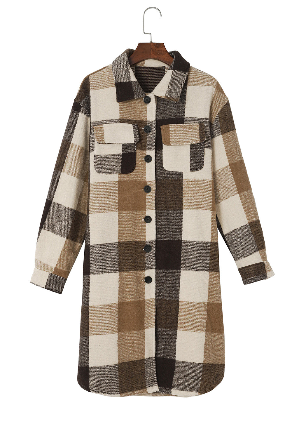 Chestnut Plaid Button-Down Flap Pocket Long Shacket