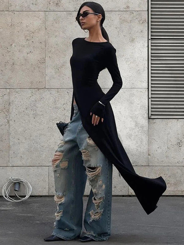 Trendix Black Asymmetrical Maxi Dress For Women's O Neck Long Sleeve Trendy Chic Top Club Party High Side Slit Dresses Autumn