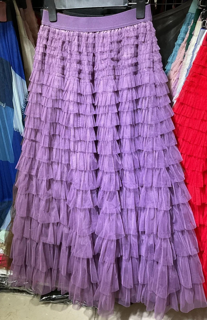 Medium-length Wire Mesh Spliced Cake Skirt 2023 Spring Summer Autumn/winter New Style A- line Long Dress Puffy Dress