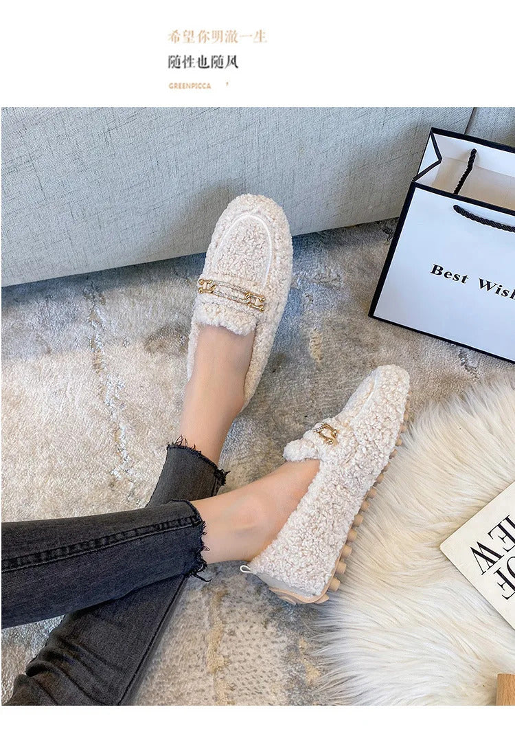 Luxury Sheep Fur Lined Loafers Women Lambswool Shoes Ladies Winter Slip On Furry Flats Cotton Wool Mocasine Femme Barefoot Boots