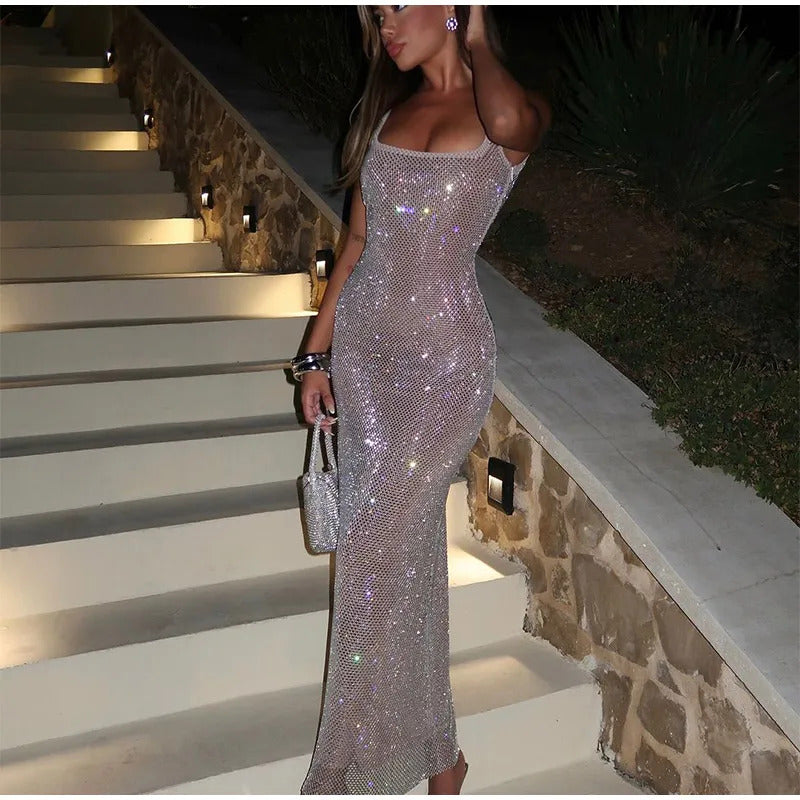 Elegant Backless Sparkling Long Dress For Women Fashion U-neck Sleeveless Bodycon Maxi Dresses Autumn High Street Party Robes