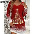 Ladies' Red Christmas Day Party Dress 3D Christmas Tree Pattern Printed Dress Big Size Autumn Long Sleeve O-Neck Casual Dresses