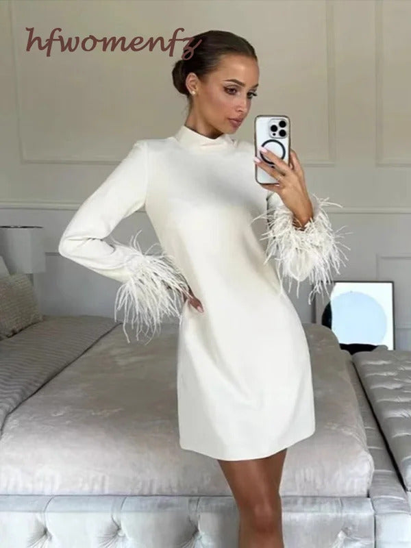 White Feather Party Short Dress Women Patchwork Long Sleeve Zipper Dresses Female 2024 Elegant Fashion Cocktail A-line Lady Robe