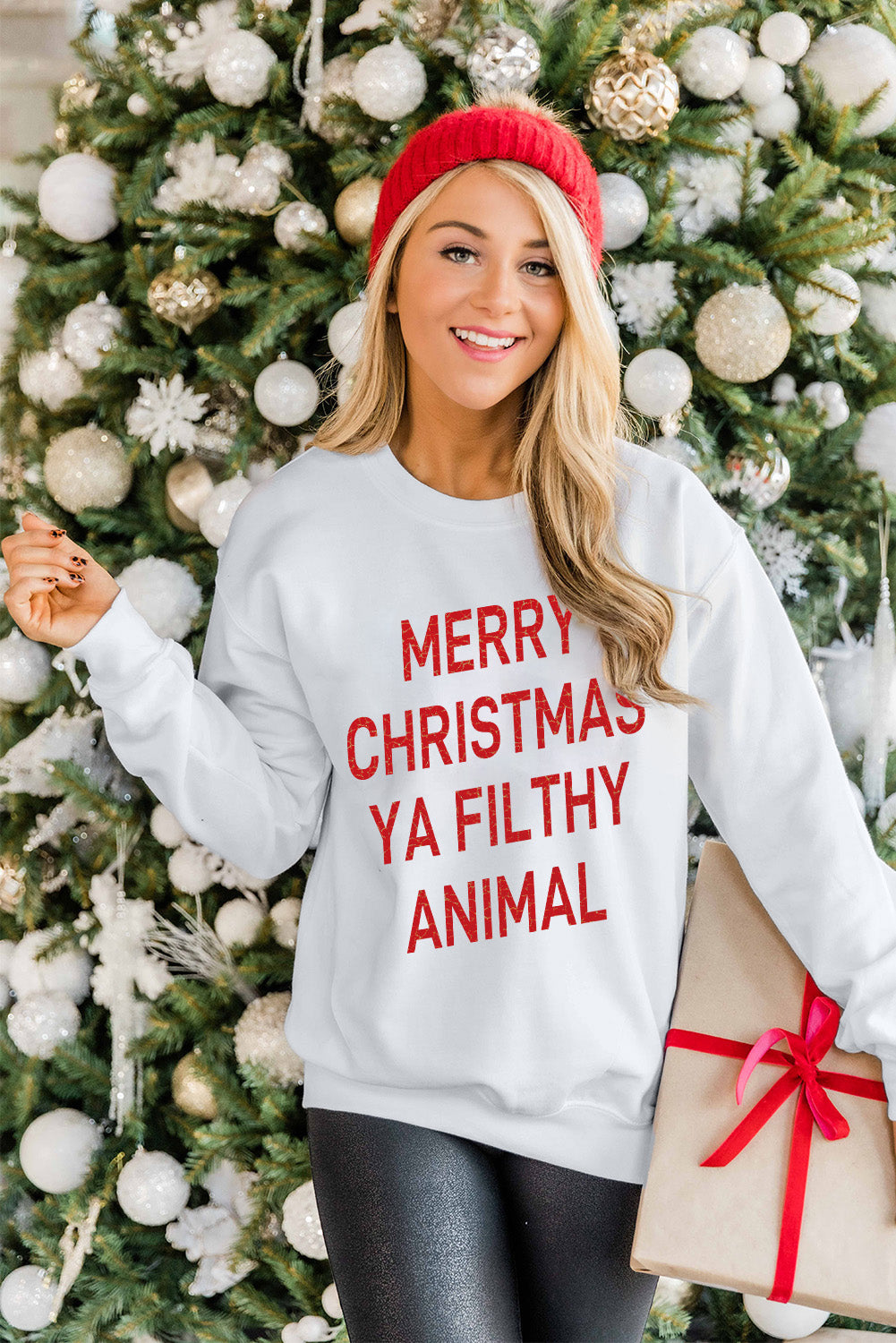 White Merry Christmas Ya Filthy Animal Graphic Sweatshirt