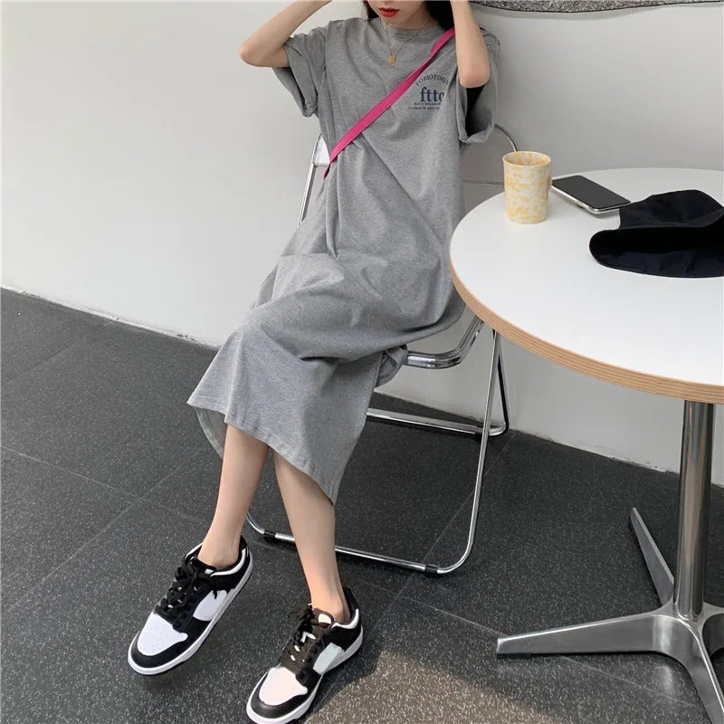 1 Piece plus Size WOMEN'S Loose Split Knee-length T-shirt Dress Casual Simple Fashionable Letter Print Nightgowns