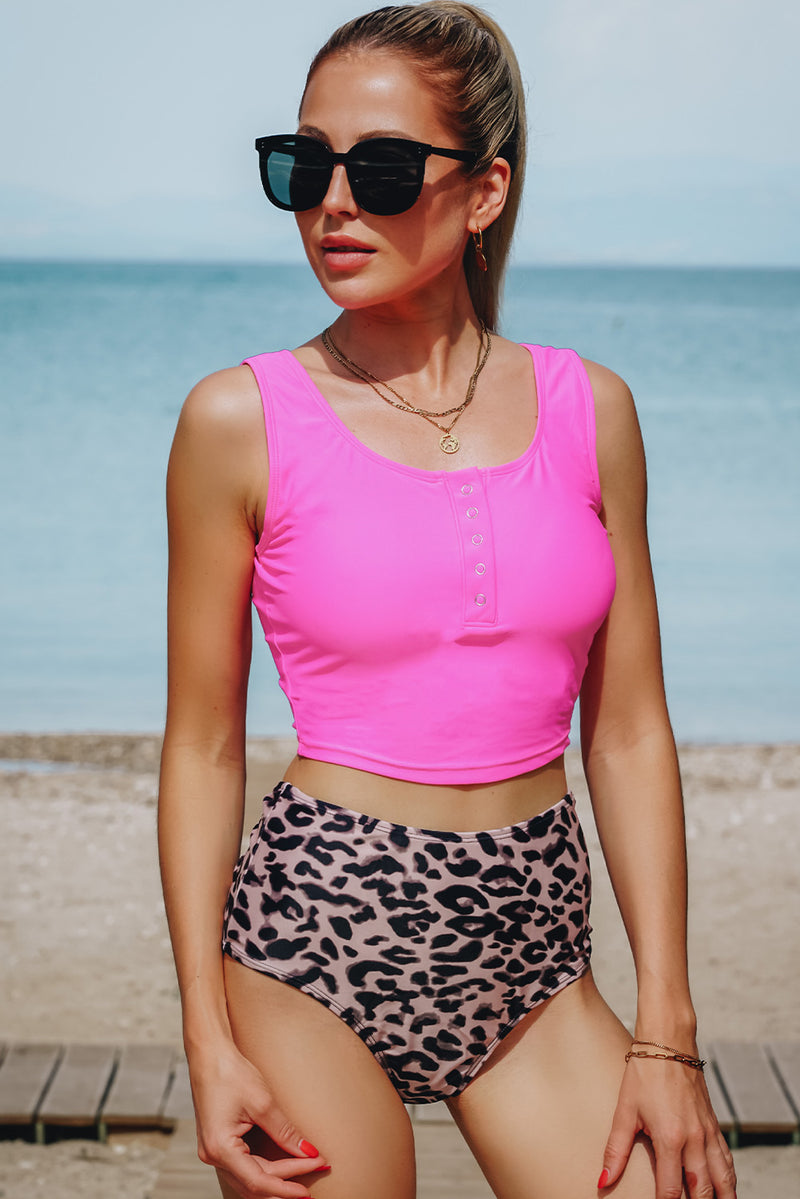 Pink Square Neck Sleeveless Fashion Print Tankini Set