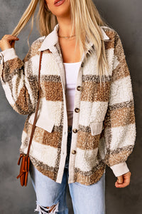 Brown Plaid Pocketed Teddy Jacket