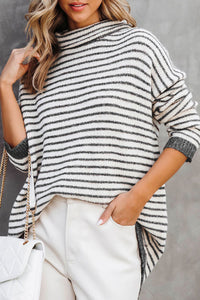 Khaki Striped Turtleneck Loose Sweater