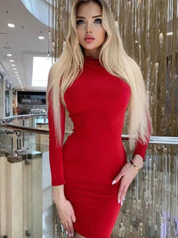 Long Sleeve Slim Bodycon Mini Dress Women Turtleneck Pleated Party Ruched Short Evening Club Outfit