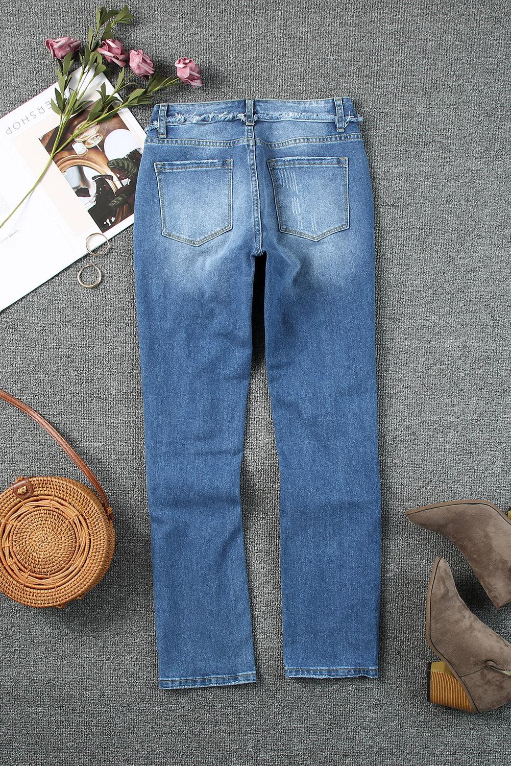 Sky Blue Cut Out Straight Leg Distressed Boyfriend Jeans