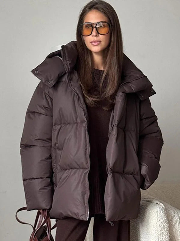 Casual Down Jackets Women Loose Stand Neck Zipper Detachable Hat Thicken Coats Female Winter Long Sleeves Warm Outwears Lady