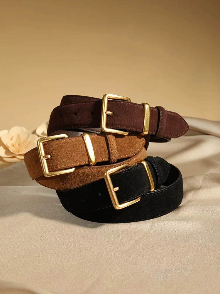 Luxury Suede Cowhide Leather Belt for Women, Vintage Style with Gold Buckle, 3.3cm Wide Waistband for Dresses & Jeans