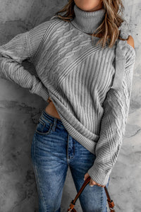 Green Strapped Cut out Shoulder Turtleneck Sweater