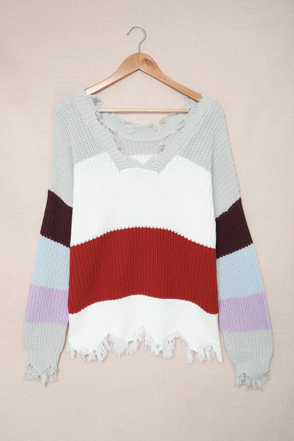 Gray Colorblock Distressed Sweater