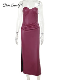 Sexy Burgundy Pu Leather Maxi Dresses Women Strapless Backless Bandage Sleeveless Pleated Hip Package Party Dress New Split Robe