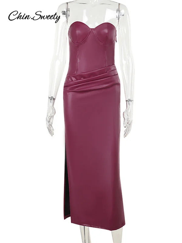 Sexy Burgundy Pu Leather Maxi Dresses Women Strapless Backless Bandage Sleeveless Pleated Hip Package Party Dress New Split Robe