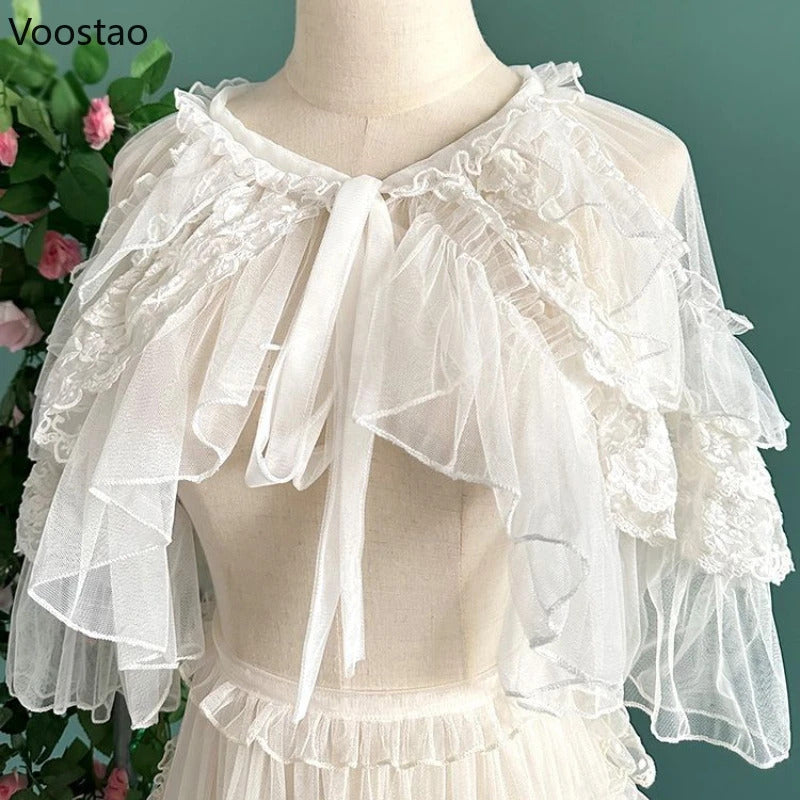 Lolita Short Shawl Coat Women Sweet Kawaii Lace Mesh Open Front Poncho Gothic Girls Retro Cute Princess Capes Cardigan Outerwear