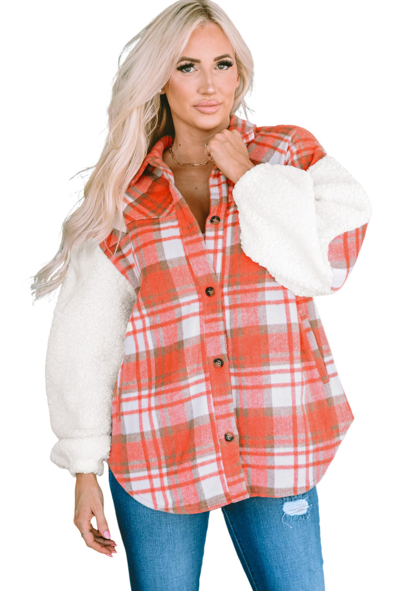 Fiery Red Sherpa Sleeve Plaid Print Shacket