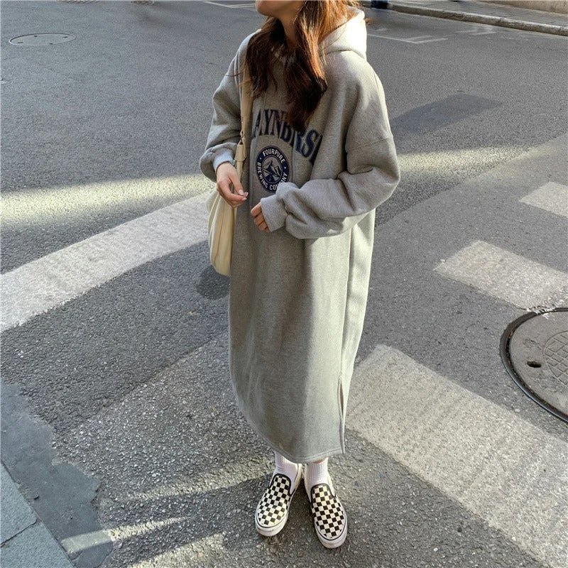 Long Hood Sweater Dress Women Autumn and Winter Fleece-lined Thickened Pullover Small Loose Mid-Length over-the-Knee Dress