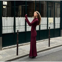 Fashion Long Sleeve Bodycon Pleated Maxi Dresses Elegant Dark Red High Necked Maxi Dress For Women Autumn New Street Vestidos