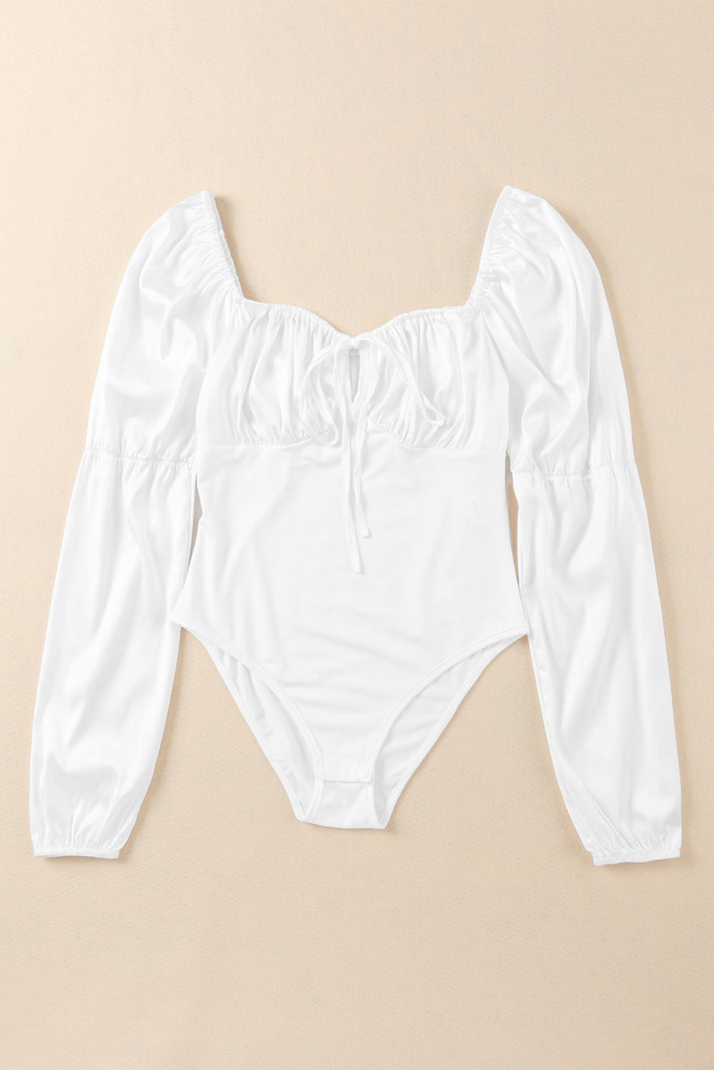 White Square Neck Drawstring Pleated High Waist Bodysuit