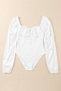 White Square Neck Drawstring Pleated High Waist Bodysuit