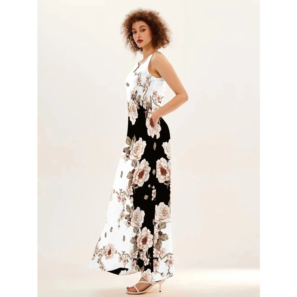 Flower Print New Casual Sleeveless Long Dress Women's V-Neck Printed Dress Swing Bohemian Retro Dresses