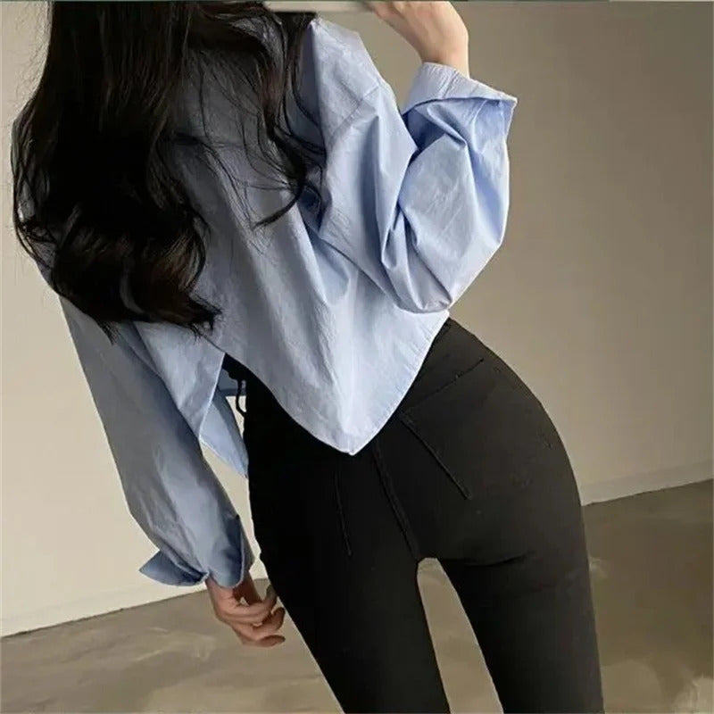 Spring New Casual Long Sleeve Women White Shirt Korea Style Solid Button Split Woman Crop Tops Blouse Party Clothing