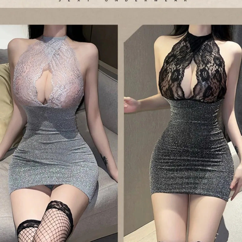 Hot Dress Lace lace hanging neck revealing breast deep V-wrap hip skirt Elegant evening dress woman Woman clothing Youth dresses