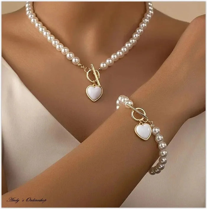 2 Pieces Of Women's Creative Pearl Love Necklace With Bracelet Jewelry Set For Weddings, Banquets, Parties, Festivals, Gifts8162