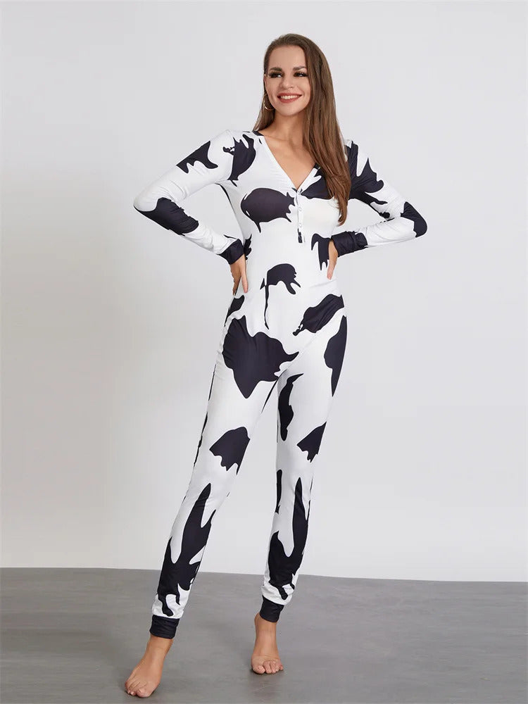 Women Buttoned Flap Jumpsuits Sleepwear Cow Printed Long Sleeve V Neck Bodycon Romper Spring Fall Loungewear