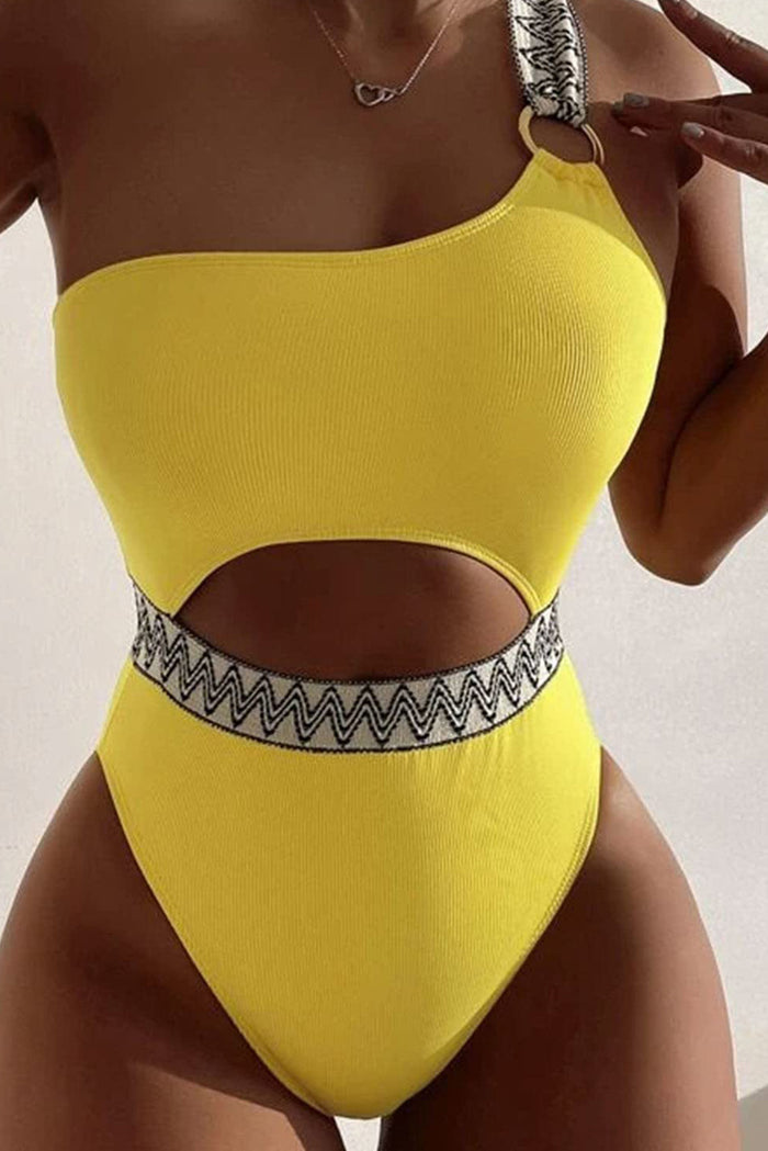 Yellow Contrast Trim Cut out One Shoulder One Piece Swimsuit