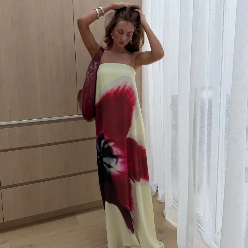 Strapless Back Belt Sleeveless Women's Long Dress Sexy Printed Backless Off Shoulder Vestidos Summer Casual Vacation Beach Robes