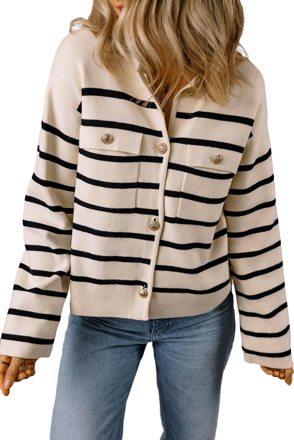 Black Stripe Flap Pocket Buttoned Cardigan Sweater