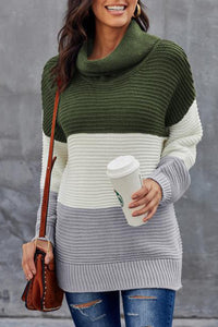 Green Turtleneck Color Block Pullover Sweater