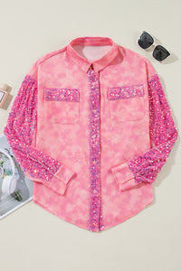 Apricot Pink Mineral Wash Sequin Patchwork Flap Pocket Shacket