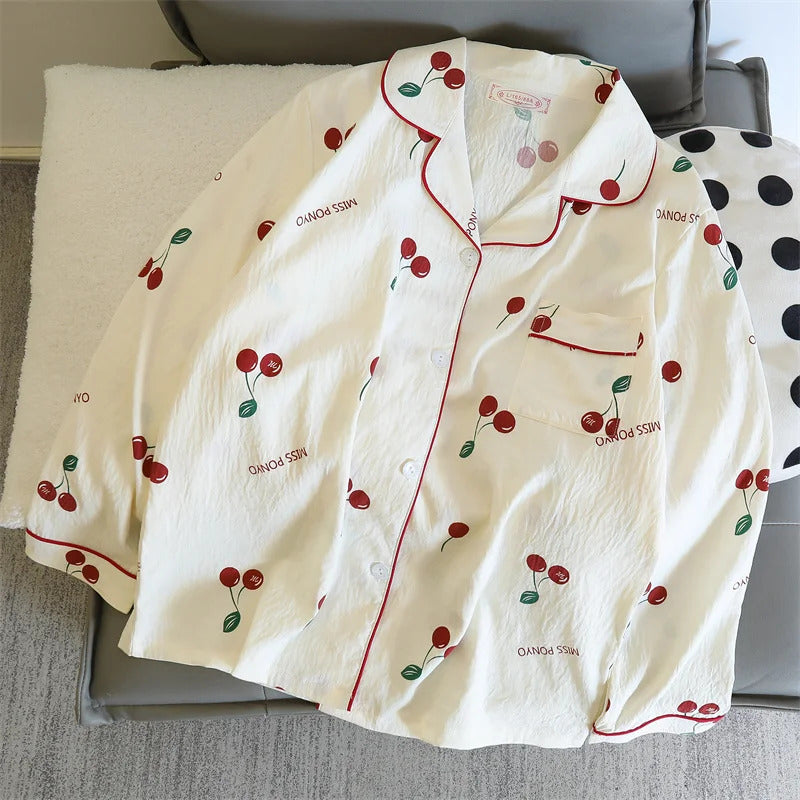 Cherries Print Two Pieces Pajamas Set Autumn Faux Cotton Pajamas Korean Fashion Home Clothes Ladies Pants and Top Set Pijamas