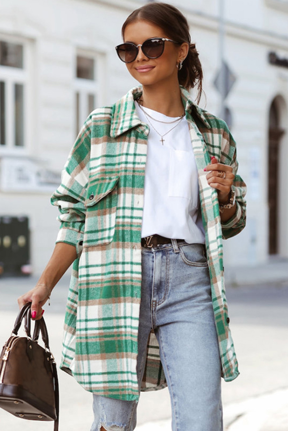 Green Plaid Flap Pocket Long Sleeve Shacket